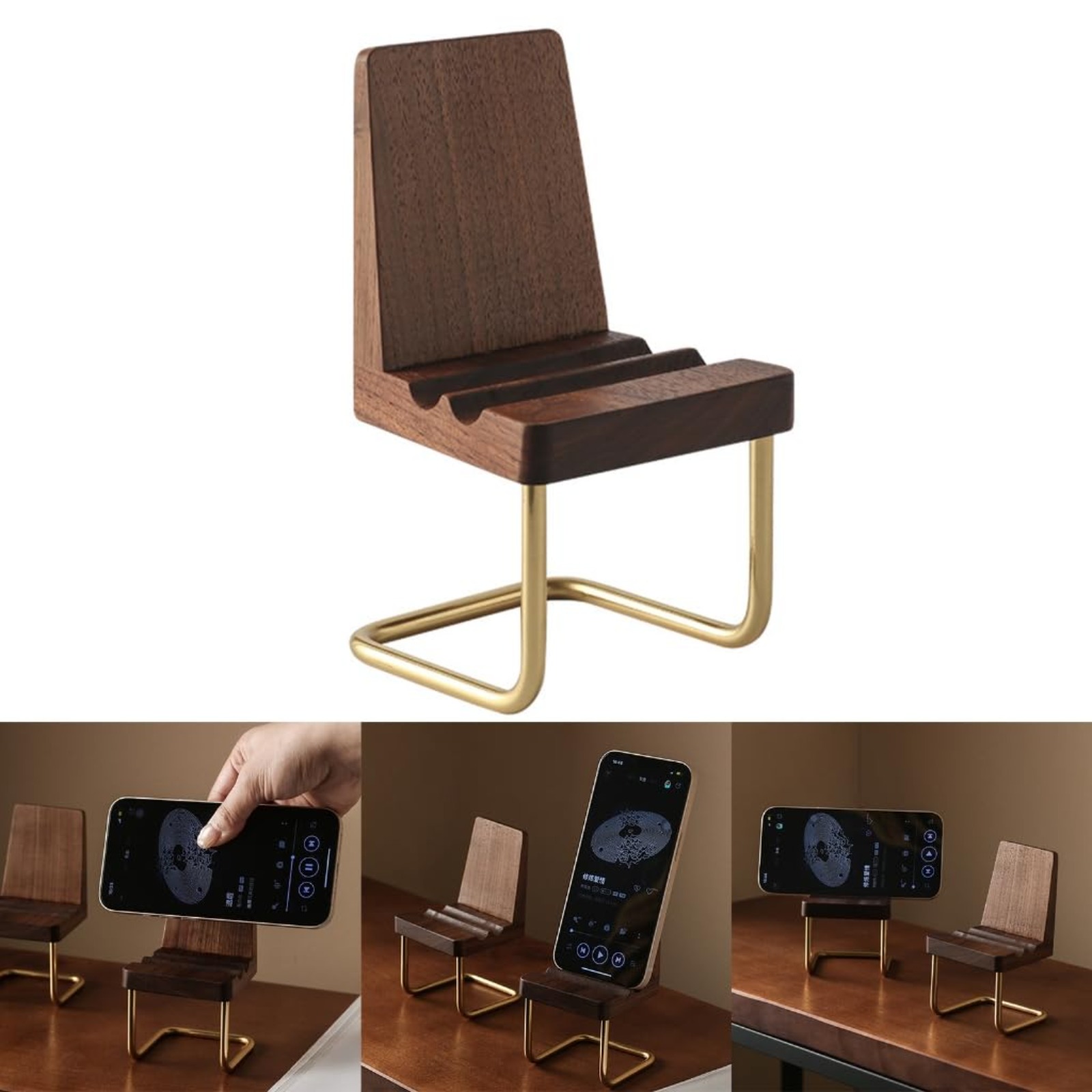 Desk Setup Natural - Penyangga Ponsel Kayu Walnut, Organizer Meja